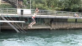 Joe takes the plunge at the Flussbad public swimming facility in Zurich